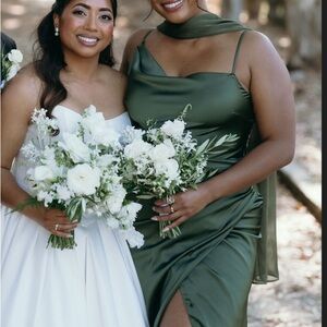 Birdie Grey - Olive Satin Jennifer dress & sheer chiffon poncho